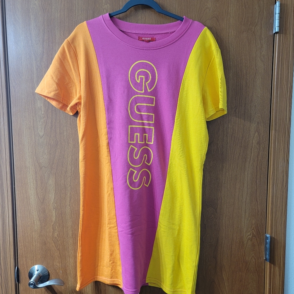 NWT Guess Riza Colourblock Tee Dress Pink Punch Multi Size Large